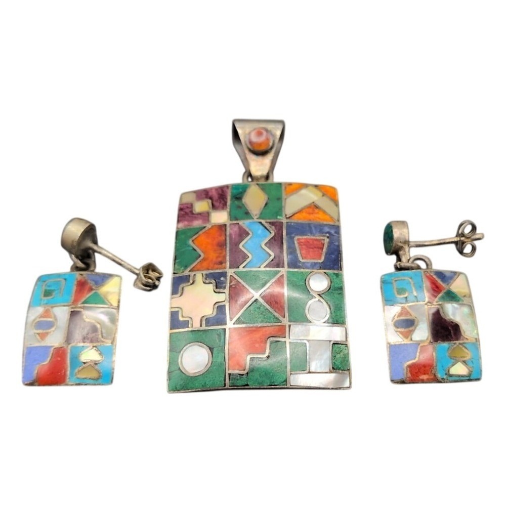 950 Silver Peruvian Multistone Inlay Inca Calendar Pendant & Earring Set New